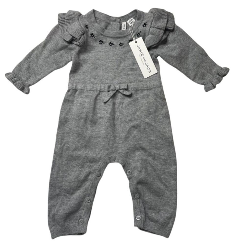 NWT Janie and Jack Grey Floral Ruffle Sweater Jumpsuit One Piece Sz 0-3 Months
